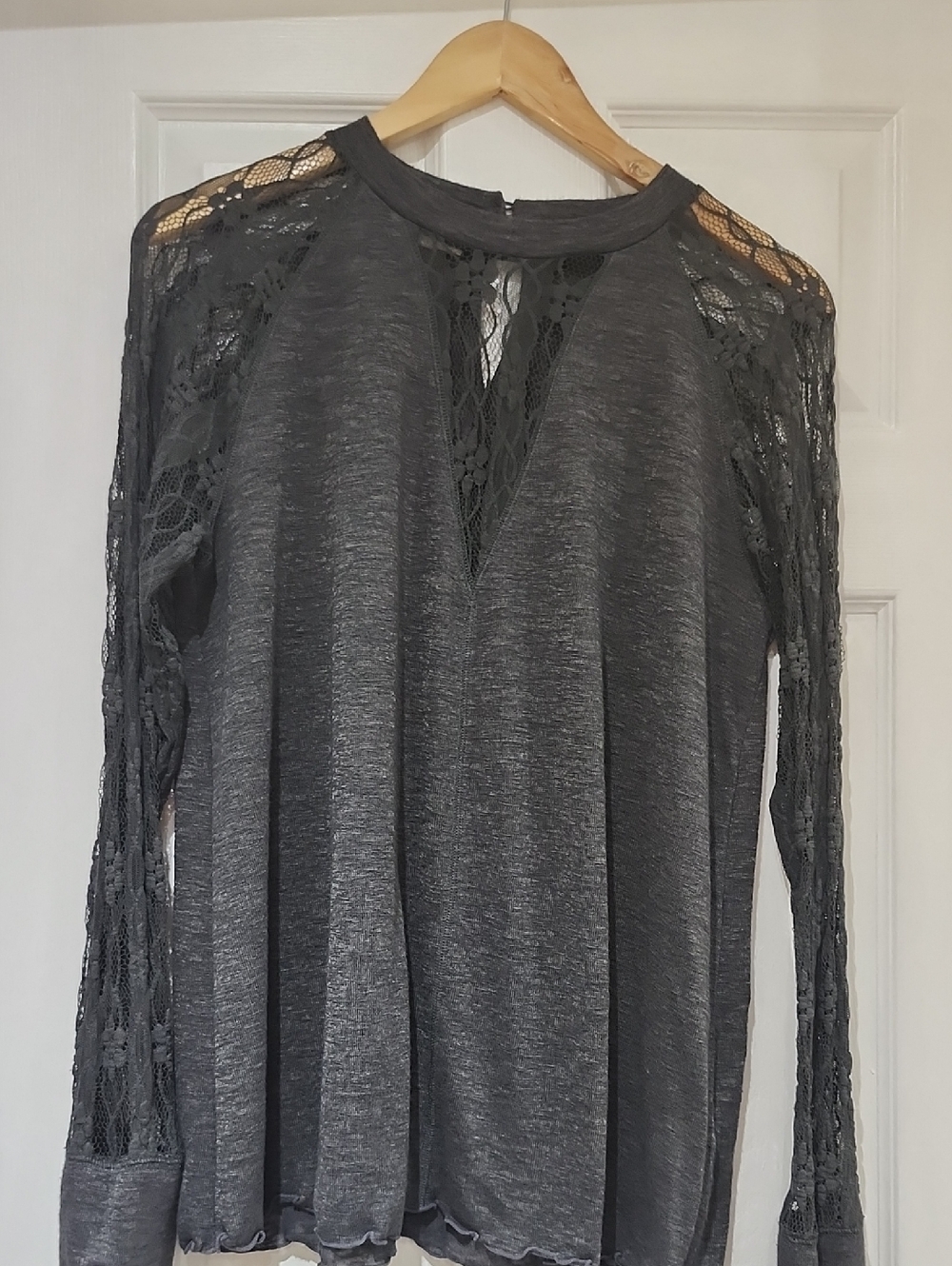 Maurices Charcoal Lace Accent Long Sleeve Top